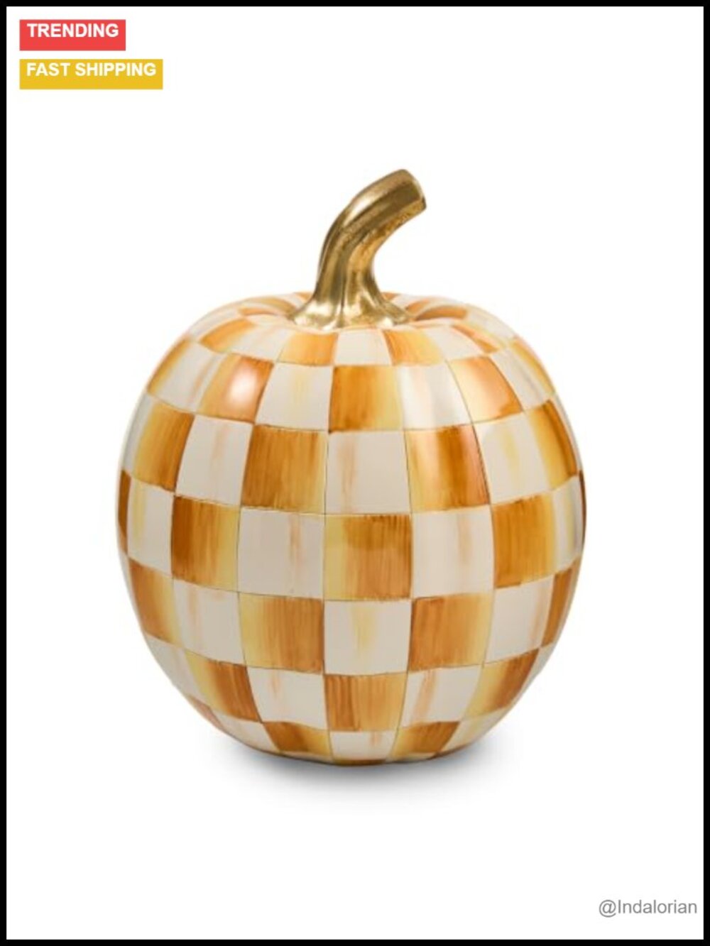Hand-Painted Resin Pumpkin Figurine 7" Checked Fall Decor